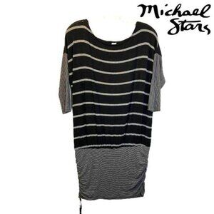 Michael Stars Ruched Striped 3/4 Sleeve Shirt Dress Casual Basic Fitted